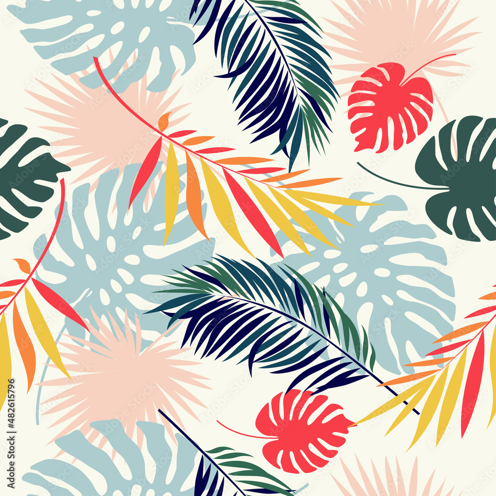 Exotic, vibrant botanical background design. Vector seamless drawing with colorful tropical leaves on a white background.