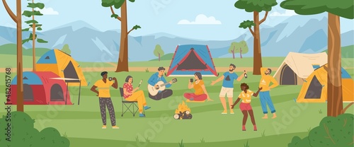 Fototapeta Naklejka Na Ścianę i Meble -  Summer forest campground or campsite with dancing people, vector illustration.