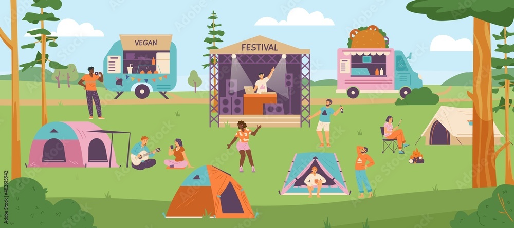 Summer open air music camping festival background, flat vector illustration.