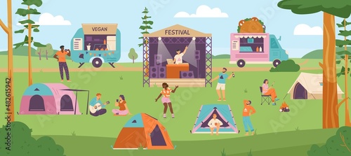 Fototapeta Naklejka Na Ścianę i Meble -  Summer open air music camping festival background, flat vector illustration.