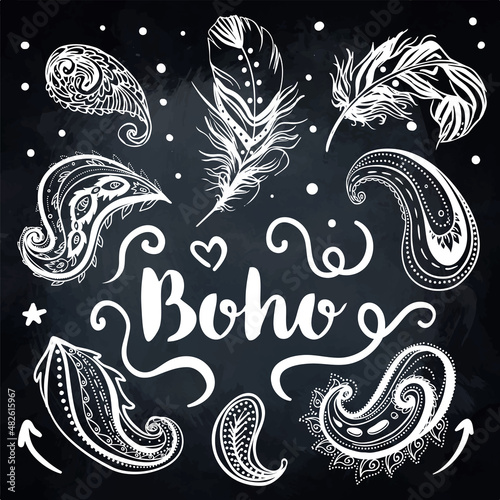 Gypsy Love: Set of Ornamental Boho Style Elements. Vector illustration. Tatto...