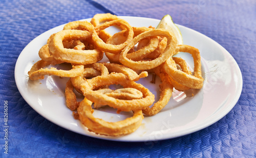  Plate of fried calamari on paper surface