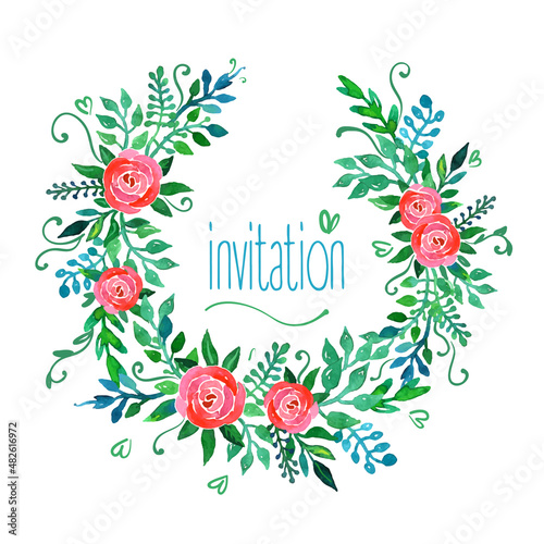Boho style wedding invitation template. Watercolor illustration.