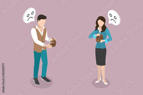 3D Isometric Flat Vector Conceptual Illustration of Persons With Empty Wallet, Financial Problems, Unemployment or Bankruptcy