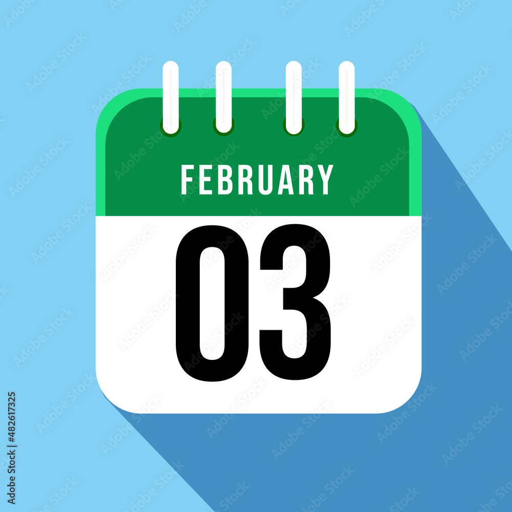 February day 03. Number three on a white paper with green border on a blue background calendar sheet. Vector illustration. February day 03. Number three on a white paper with green border on a blue background calendar sheet. Vector illustration.