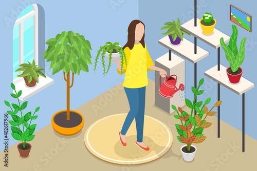 3D Isometric Flat Vector Conceptual Illustration of Home Garden, Planting Fowers and Growing Houseplants