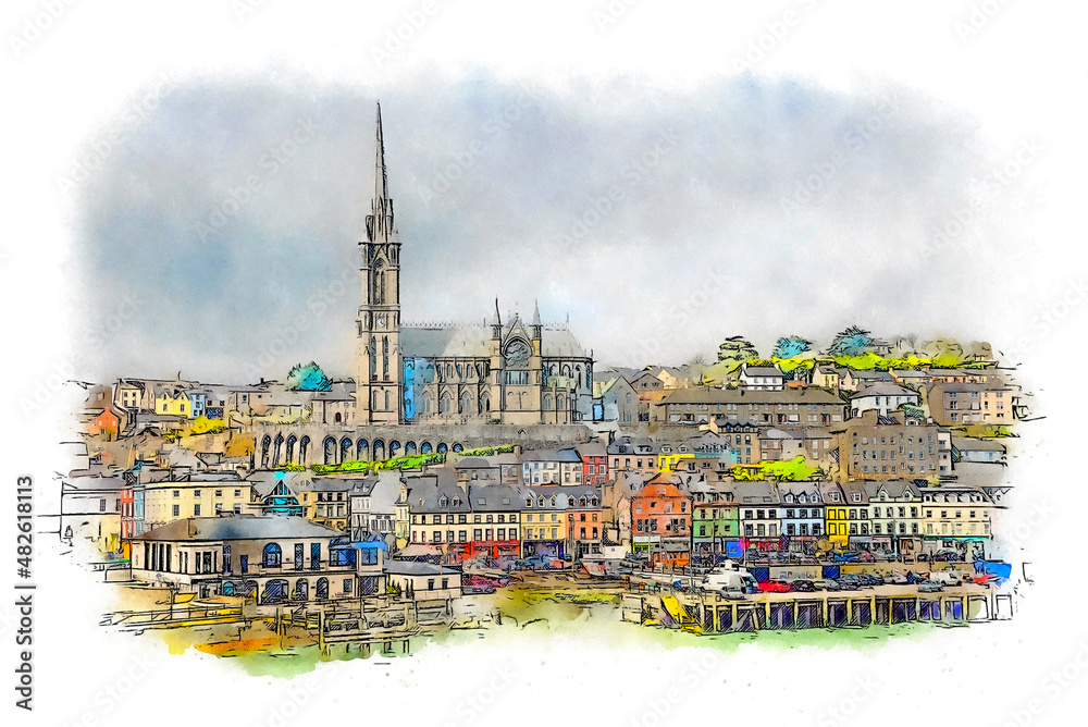 Town of Cobh in Ireland, skyline by the sea, scenic seaport in south coast of County Cork, watercolor sketch illustration.