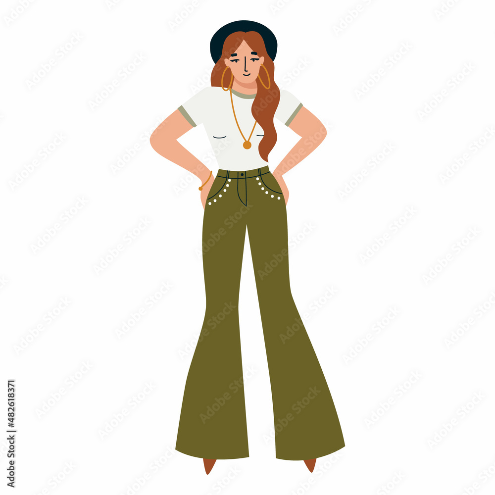 Boho style fashion outfit. Woman in boho outfit. Bohemian style. Flat vector illustration. Boho style fashion outfit. Woman in boho outfit. Bohemian style. Flat vector illustration.