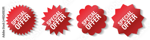 Special Offer label. Set of red stamps special offer isolated on white background. Red badges and labels special offer. Vector illustration. Set of red sticker with shadow isolated on white background