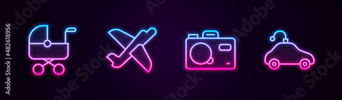 Set line Baby stroller, Toy plane, Photo camera and Radio controlled car toy. Glowing neon icon. Vector