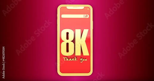 Fotografie 3D render of golden 8k numbers above a smartphone