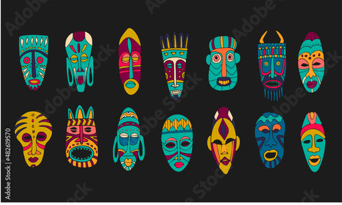 Set of Hand Drawn Tribal Masks. Doodle in Bright Colors. African Traditional Masks. Vector Illustration.