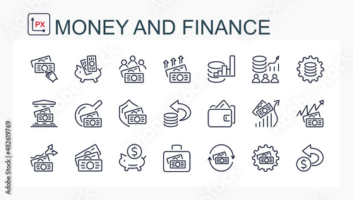 A set of vector icons from the ruler, money and finance. Financial technologies and business. Isolated on a transparent background.