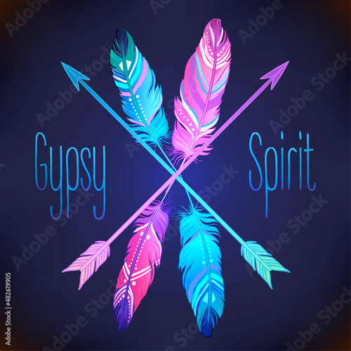 Hand drawn vector painted bird feathers isolated on white background. Colorfu...