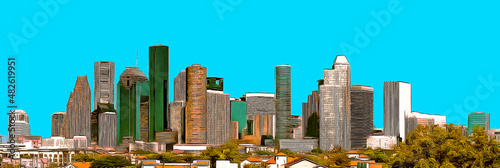 Houston skyline panorama, Texas, USA, color sketch illustration, clear blue sky in the background. © Plamen Petrov