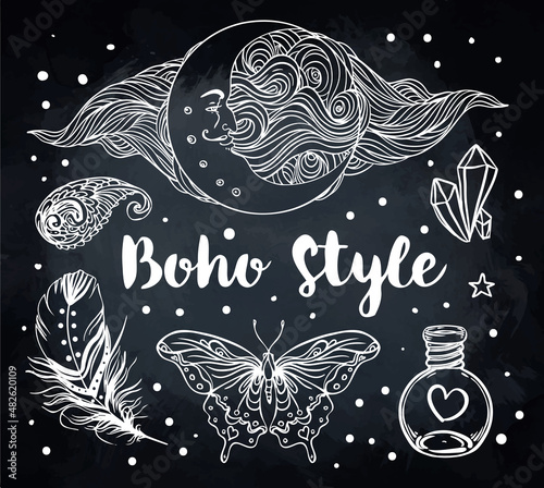 Gypsy Love: Set of Ornamental Boho Style Elements. Vector illustration. Tatto...