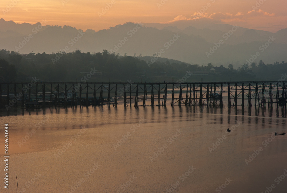 Sunrise over the river at Sangkhlaburi district in Kanchanaburi province, Thailand