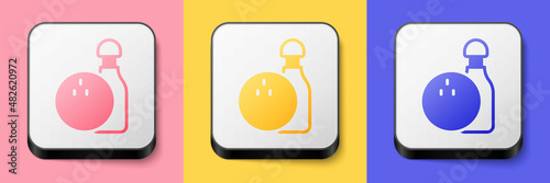 Isometric Bowling pin and ball icon isolated on pink, yellow and blue background. Sport equipment. Square button. Vector