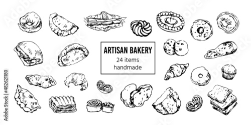 Bread and bakery goods hand drawn set. Vintage patisserie stylized vector sketches