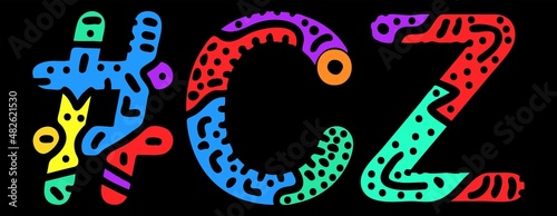 CZ Hashtag. Multicolored bright isolate curves doodle letters. Hashtag #CZ is abbreviation for the Czech Republic for social network, web resources, mobile apps.