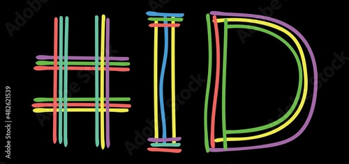 ID Hashtag. Multicolored bright isolate curves doodle letters. Hashtag #ID is abbreviation for the US America state Idaho social network, web resources, mobile app.