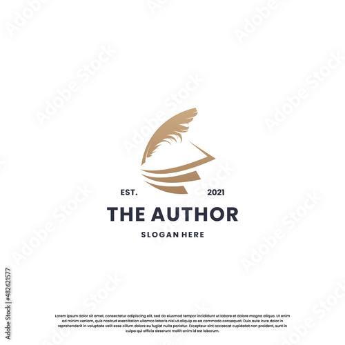classic writer logo design. author logo feather with book combination.
