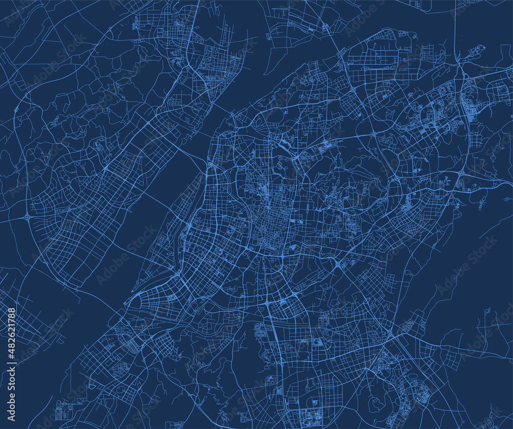 Nanjing city China municipality vector map. Blue street map, municipality area. Urban skyline panorama for tourism.