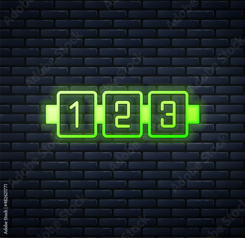 Glowing neon Education logic game for preschool kids icon isolated on brick wall background. Kids activity sheet. Count the number of cubes. Vector