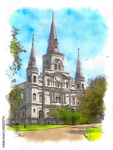 Wallpaper Mural Cathedral Basilica of Saint Louis,
King of France in New Orleans,  Louisiana, USA, watercolor sketch illustration. Torontodigital.ca