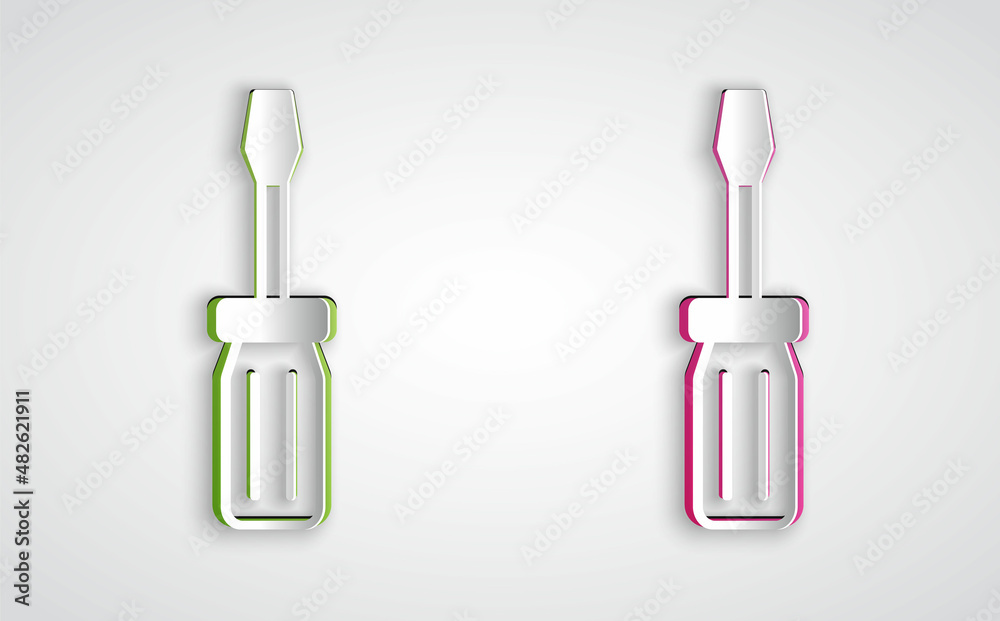 Paper cut Screwdriver icon isolated on grey background. Service tool symbol. Paper art style. Vector Paper cut Screwdriver icon isolated on grey background. Service tool symbol. Paper art style. Vector