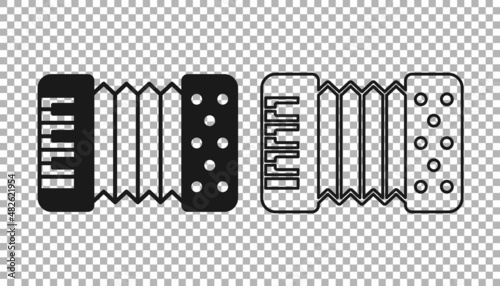 Black Musical instrument accordion icon isolated on transparent background. Classical bayan, harmonic. Vector