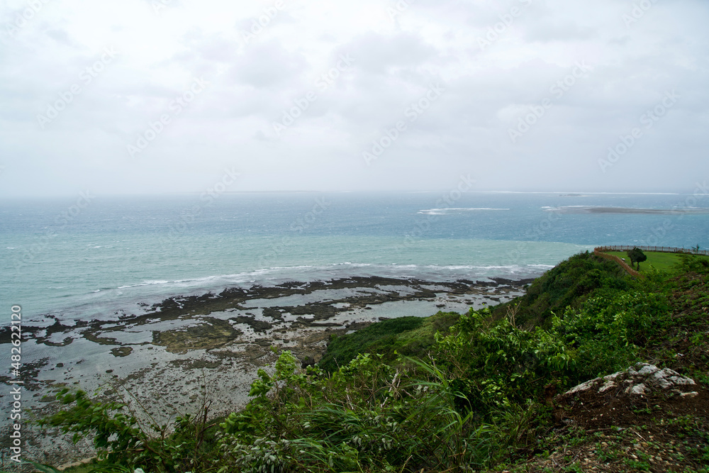 The view of Chinen cape with ocean on bad wether day.