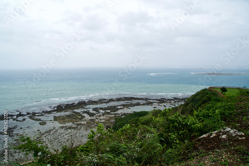 The view of Chinen cape with ocean on bad wether day. photo