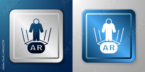White Augmented reality AR icon isolated on blue and grey background. Virtual futuristic wearable devices. Silver and blue square button. Vector