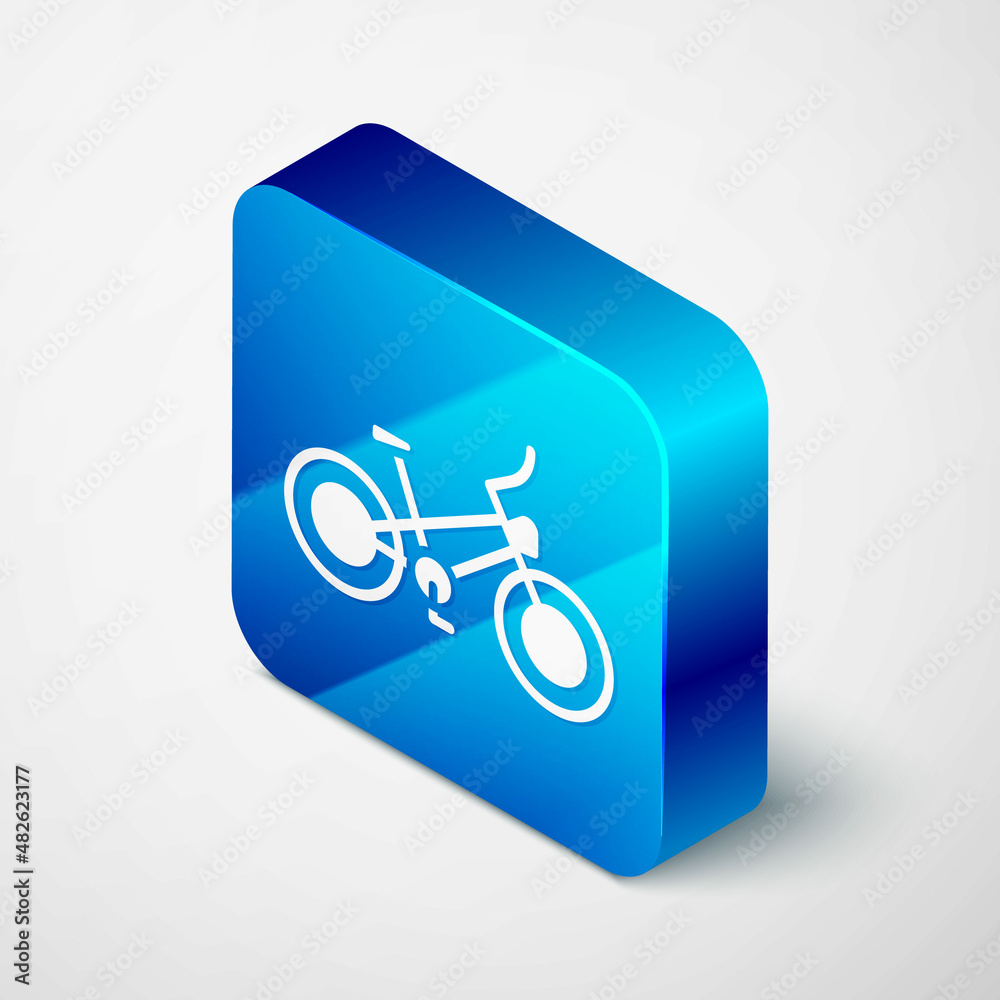 Isometric Bicycle icon isolated on grey background. Bike race. Extreme sport. Sport equipment. Blue square button. Vector Isometric Bicycle icon isolated on grey background. Bike race. Extreme sport. Sport equipment. Blue square button. Vector