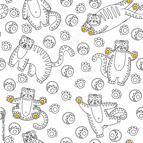 Seamless pattern with cute tiger, muzzles tiger cub with brown stripes, symbol of new 2022 year
