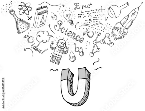 Back to School: science lab objects with magnet, educational concept, vector illustration isolated on beige.