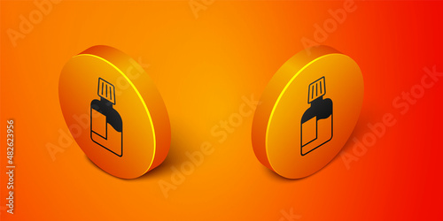Isometric Mouthwash plastic bottle icon isolated on orange background. Liquid for rinsing mouth. Oralcare equipment. Orange circle button. Vector