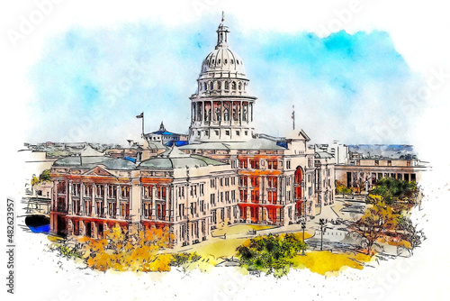 Texas State Capitol Building in Austin, USA, watercolor sketch illustration. photo