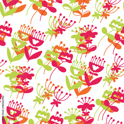 Vector doodle pattern with flowers. Colorful botanic elements