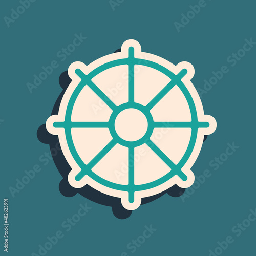Green Dharma wheel icon isolated on green background. Buddhism religion sign. Dharmachakra symbol. Long shadow style. Vector