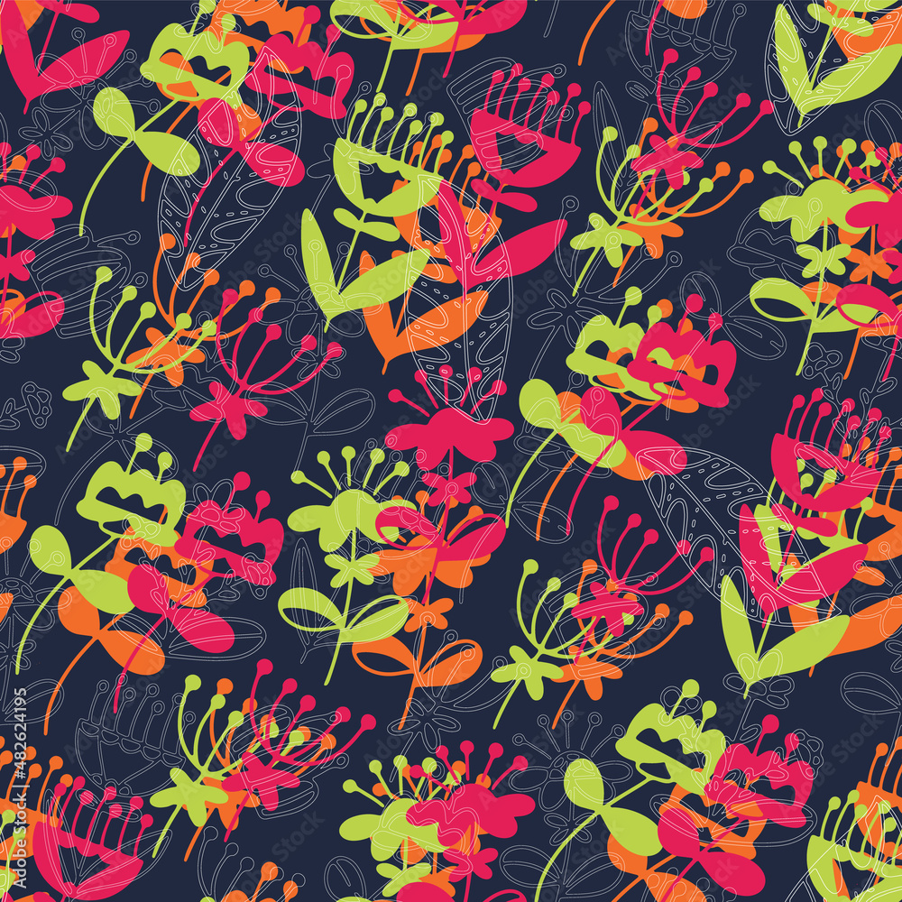 Fototapeta premium Vector doodle pattern with flowers. Colorful botanic elements