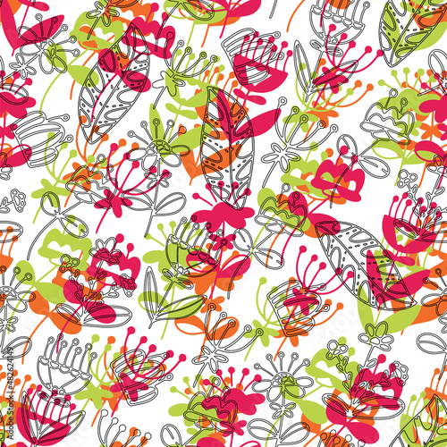 Vector doodle pattern with flowers. Colorful botanic elements