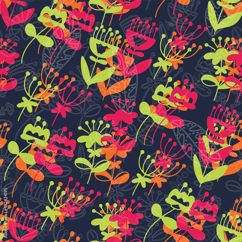 Vector doodle pattern with flowers. Colorful botanic elements © Yana