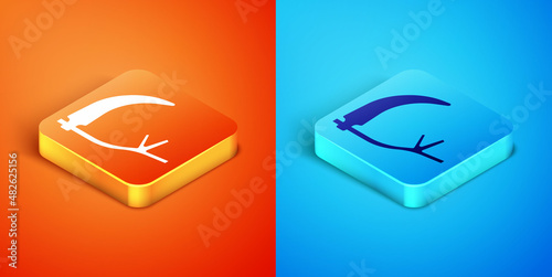 Isometric Scythe icon isolated on orange and blue background. Happy Halloween party. Vector