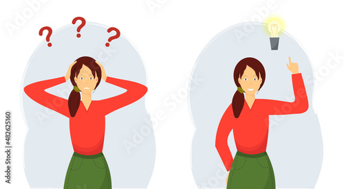 Young woman or student streessed about decision and finding ideas,thinking, creating ideas, coming up with insights and solutions, flat vector illustration