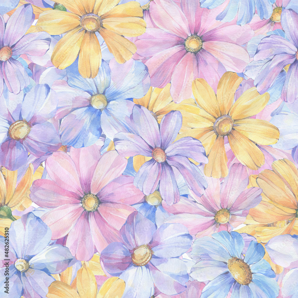 Delicate flowers are painted with watercolors, digitally processed. Seamless ornament for wallpaper, print, wrapping paper, design, print. Botanical pattern of colorful flowers.