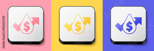 Isometric Oil price increase icon isolated on pink, yellow and blue background. Oil industry crisis concept. Square button. Vector