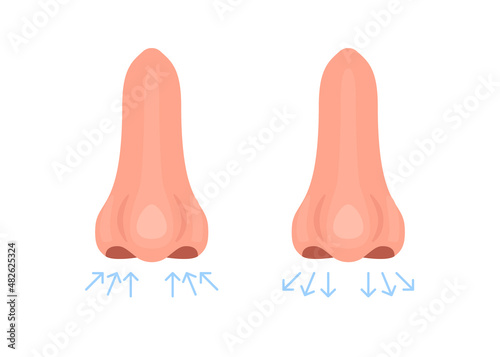 Breathing exercise of nose, deep exhale and inhale. Nasal breath, respiratory cycle. Healthy yoga and relaxation. Vector illustration