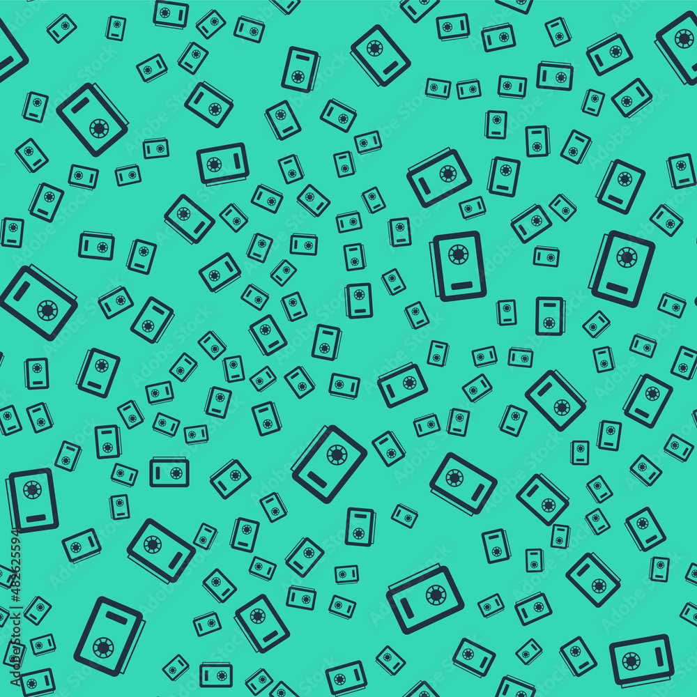 Black Safe icon isolated seamless pattern on green background. The door safe a bank vault with a combination lock. Reliable Data Protection. Vector Black Safe icon isolated seamless pattern on green background. The door safe a bank vault with a combination lock. Reliable Data Protection. Vector